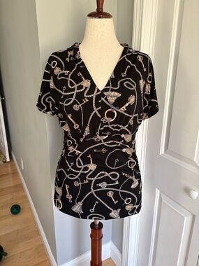 White House Black Market Black V-Neck Key & Rope Print Blouse